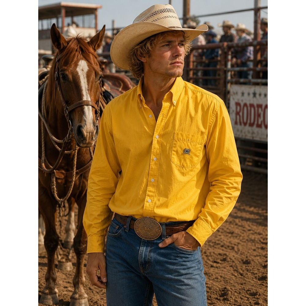 Cinch Long‎ Sleeve Button Down Shirt Men's XXL Mustard Ranch Cowboy Rodeo